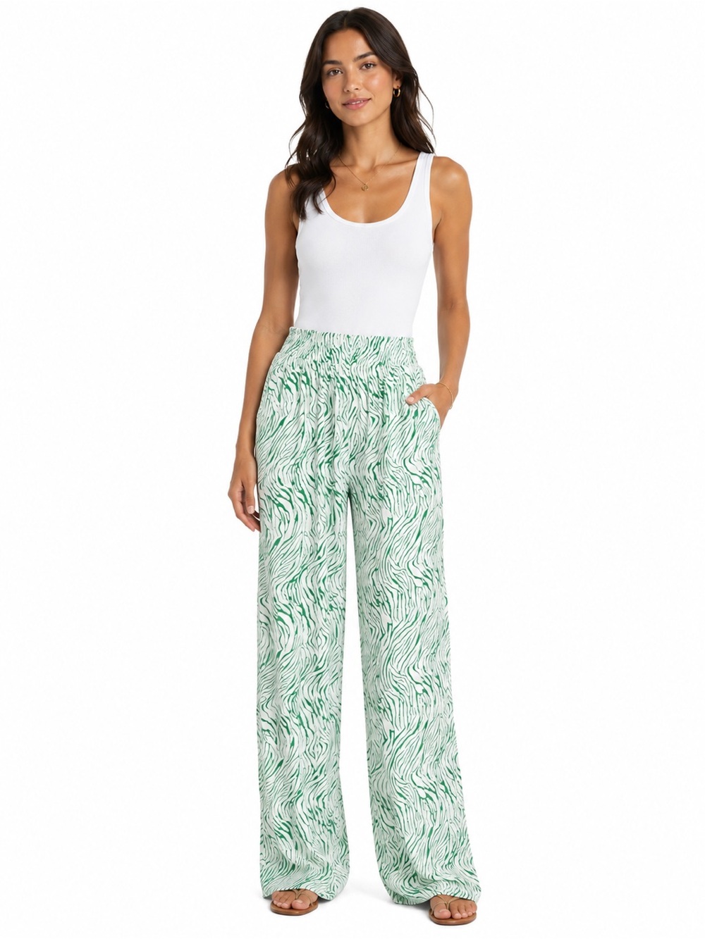 Entro Wide Leg Printed Lounge Pants in Green and White